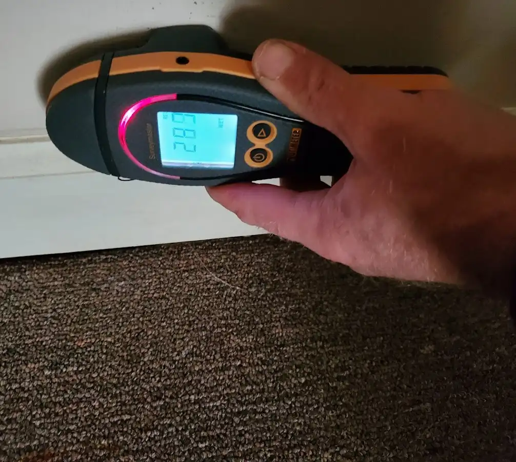 Moisture detection at baseboard during Storm Damage Restoration in Chestnut Ridge